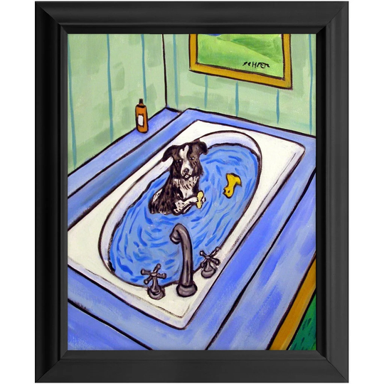 Border Collie Taking A Bath Dog Art Artwork Print 11x14 Ready To Hang Framed Animal Decor