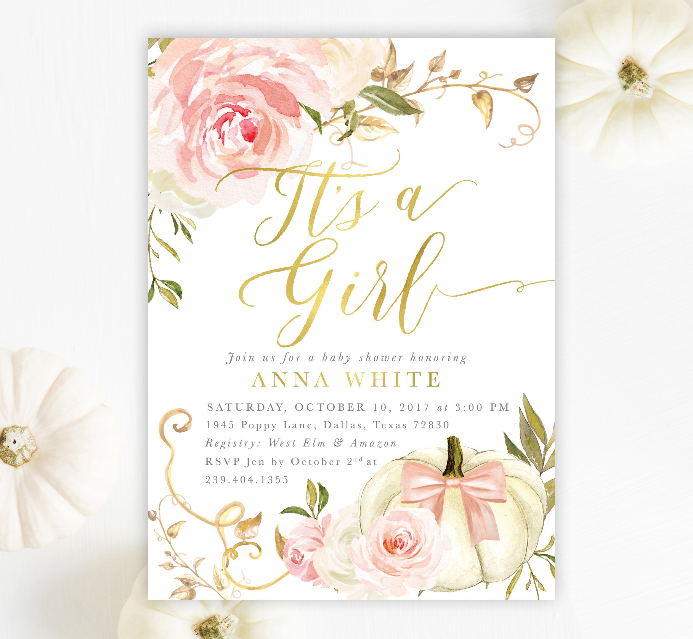Fall Girl Baby Shower Invitation, Pumpkin Invite, It's A Autumn White & Pink Roses - 11