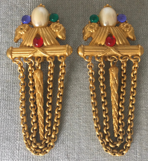 Superb Jeweled Rams & Chains Multicolor Cabochons Art Deco Drop Dangle Earrings Pearls Gold Metal Vintage Designer Couture Runway Statement