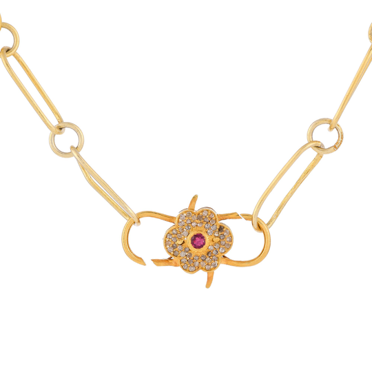 Rose Cut Diamond & Ruby 14K Gold Vermeil Over Sterling Silver Double Sided 1.00 Inch Long X 0.60 Wide Carabiner Clasp Necklace