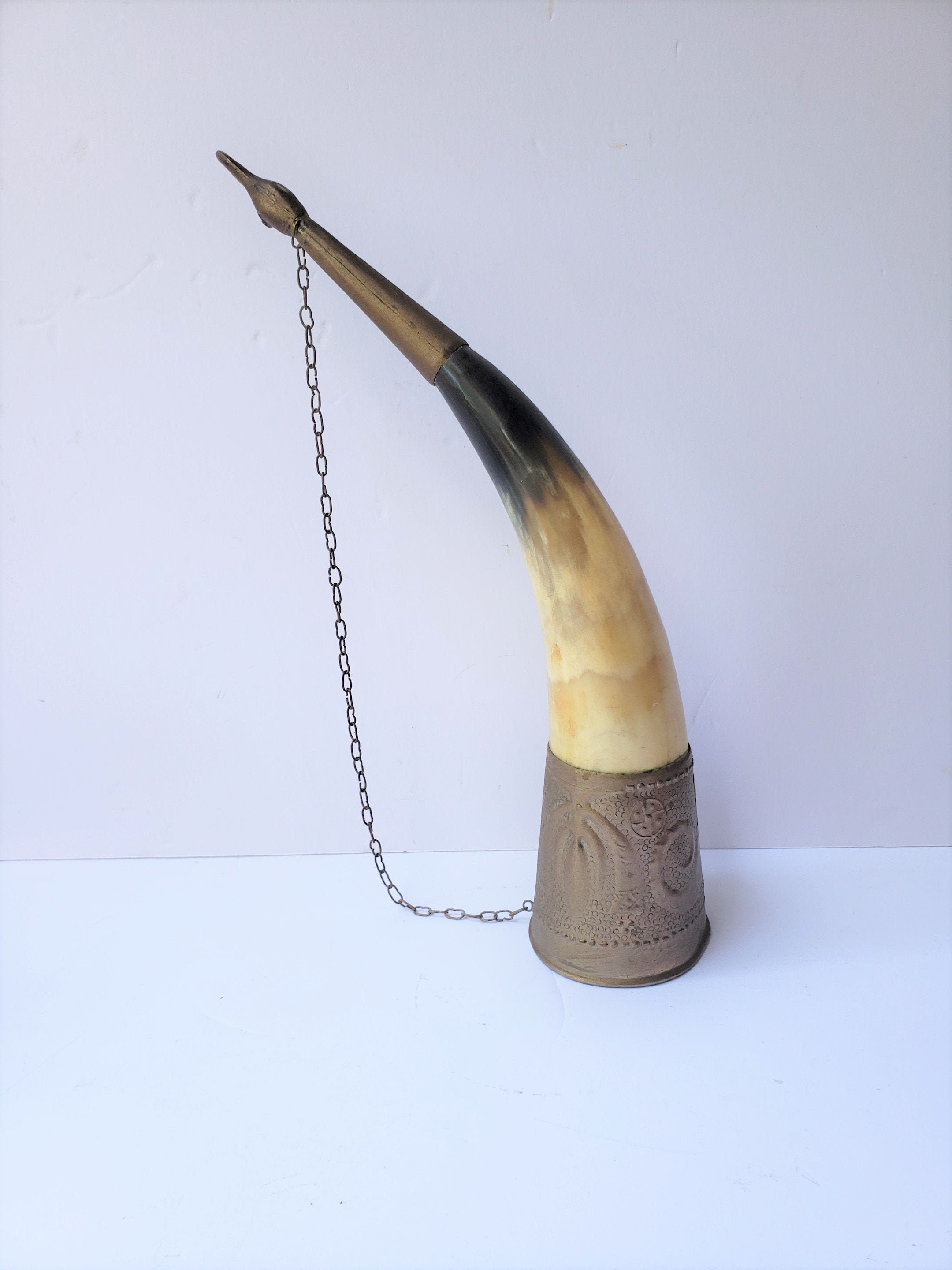Decorative Drinking Horn With Chain & Gold Tin Or Brass Details