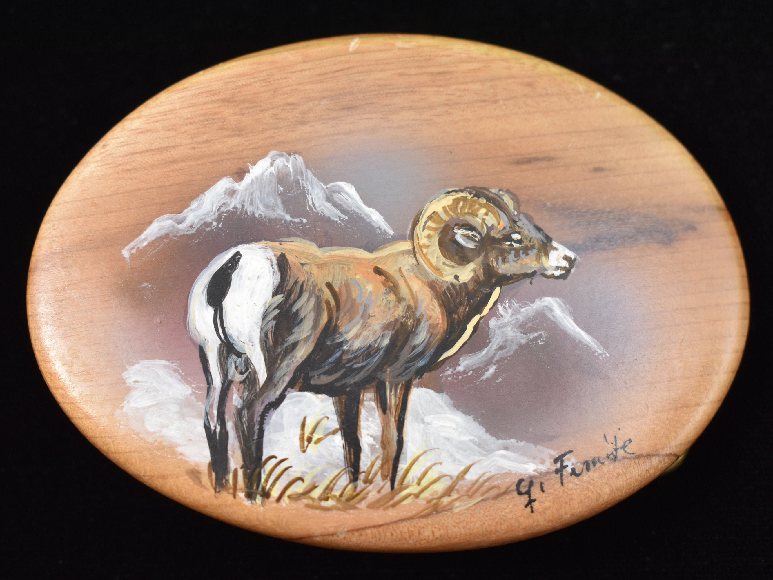 Hand Painted Bighorn Sheep Ram Wood Vintage Belt Buckle