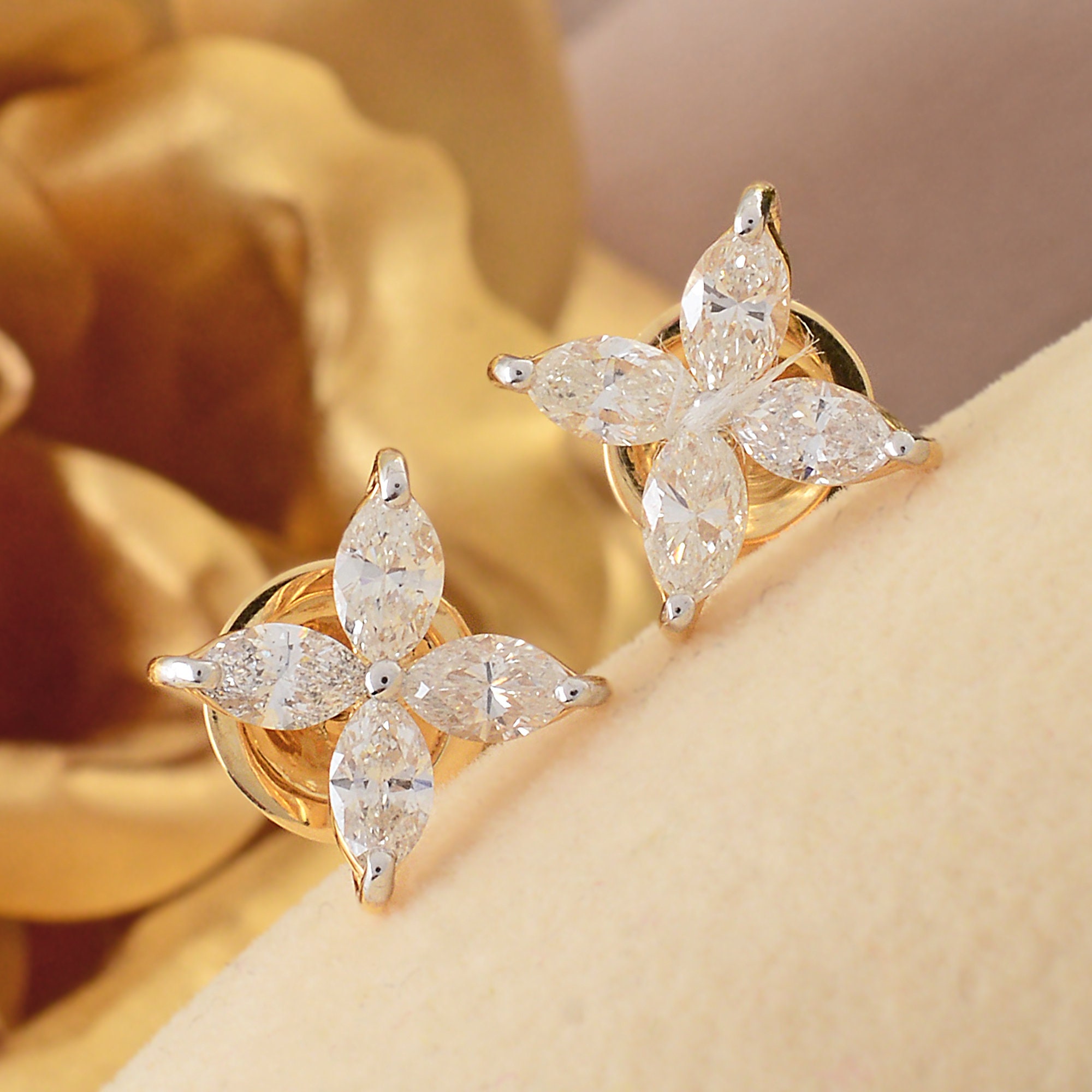 Diamond Earrings, 14K Solid Gold Marquise Floral Studs, Cut Minimalist Flower Bridal Jewelry