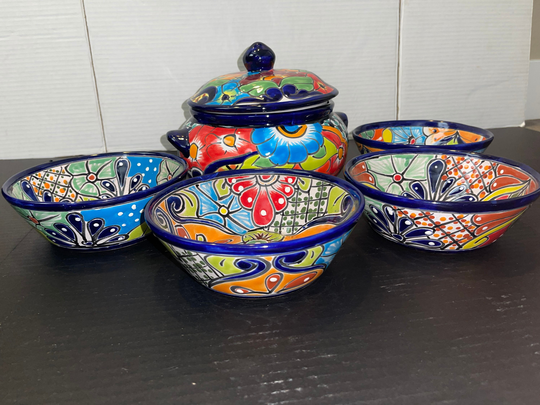 Set Of 7 Soup Pot & 6 Deep Bowls Talavera Multicolored Beautiful Handpinted