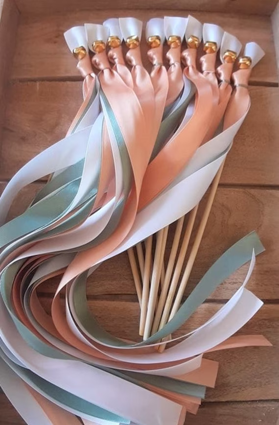 50 Wedding Wands, Party Streamers, Gold Bells, Satin Ribbons in Sage-Tea Green, Salmon & White, Romantic Send Off, Kissing Bells