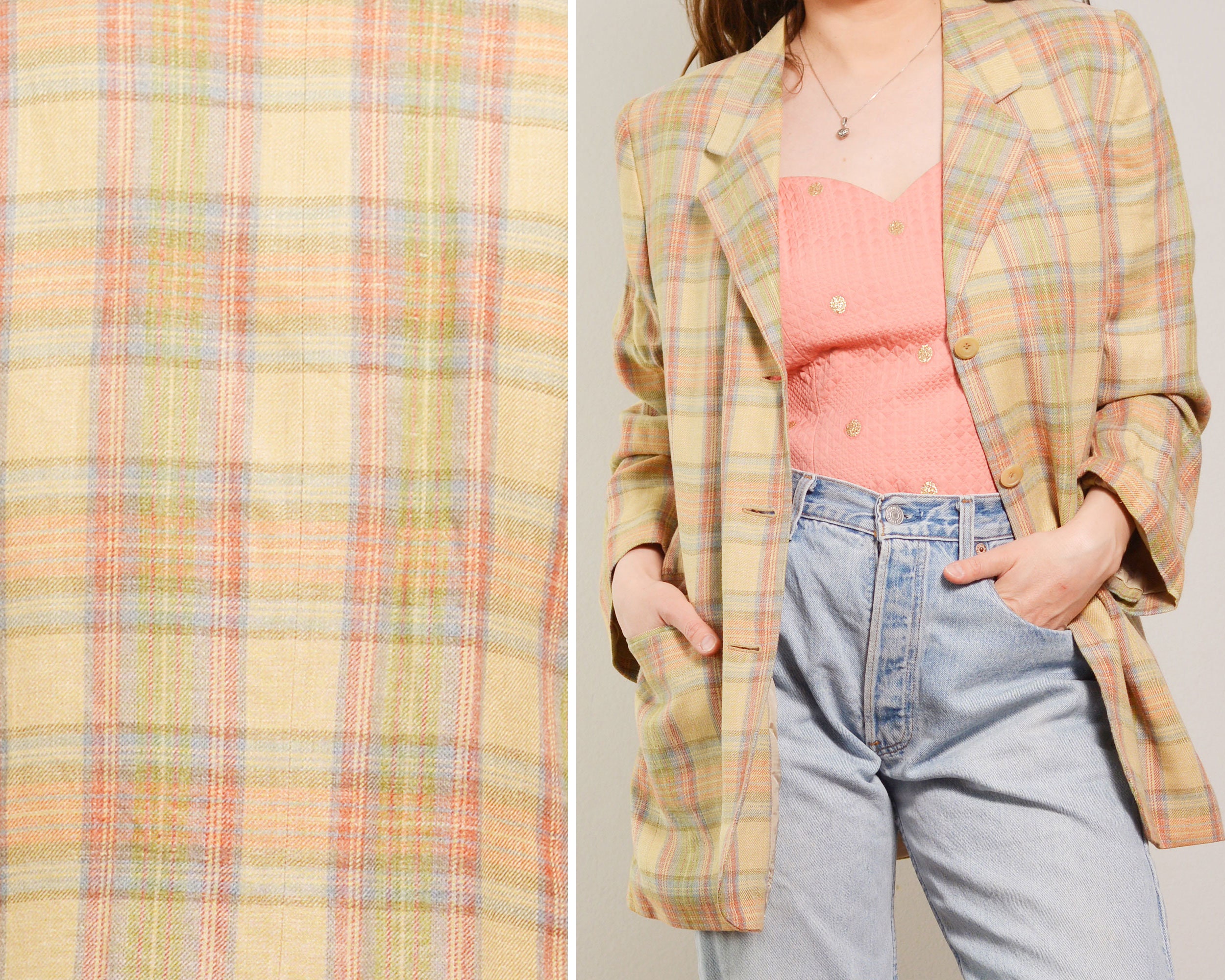 High Quality Silk Linen Blend Designer Jacket | Beige Plaid 80S Oversize Blazer Teacher Style Preppy British Minimalist