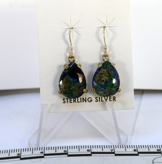 Azurite Malachite Blend Teardrop Cabochon Drop Earrings in A 4 Prong Setting