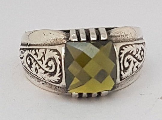 Handmade Green Olive Zircon Stone 925 Sterling Silver Men's Ring, Free Express Shipping