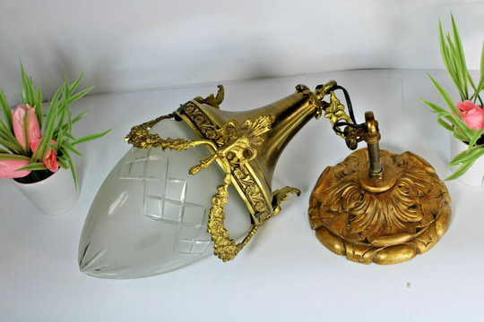 Antique French Brass Crystal Glass Ram Heads Pendant Lamp Lantern Chandelier