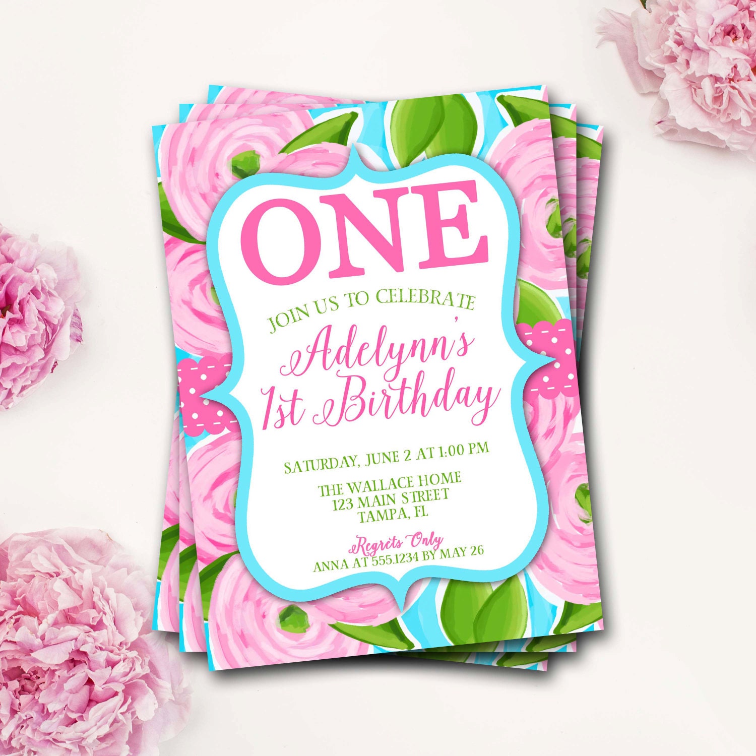 Pink Floral Birthday Invitation, Flower Lilly Girl First