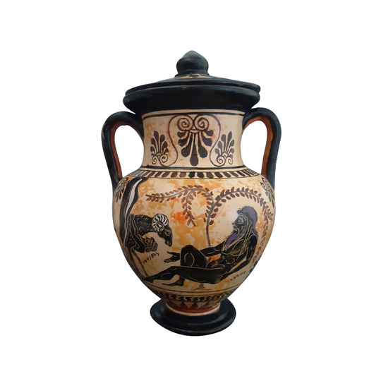 Black-Figured Oinochoe | Wine-Jug The Escape From The Cave. Odysseus Clings Beneath A Ram & Escapes Blinded Polyphemus' Cave