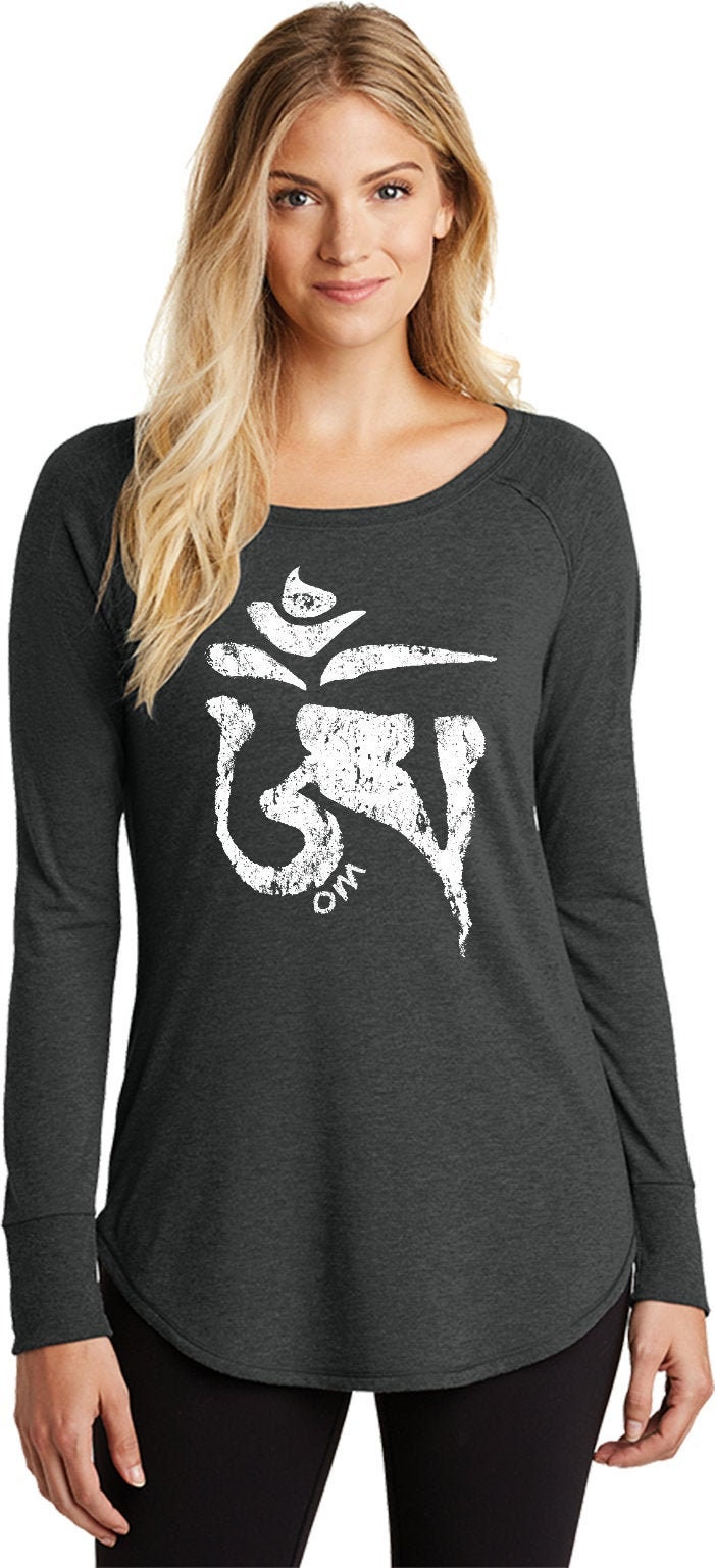 White Tibetan Om Ladies Yoga Tri Blend Long Sleeve = Wtibetan-Dt132L