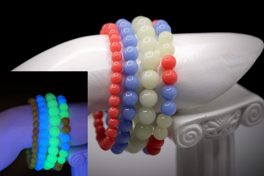 Green, Blue Or Red Glowing Cave Aragonite Calcite 6mm 8mm 10mm Stretch Bracelet Rare Gold-In-The-Dark, Uv Reactive Fluorescent Minerals