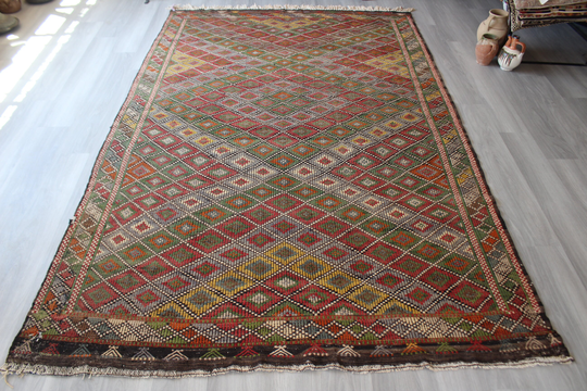 Jijim Kilim Rug, Ethnic Area Kilim, Large Vintage Turkish/6'8"x10'6" Feet N-711