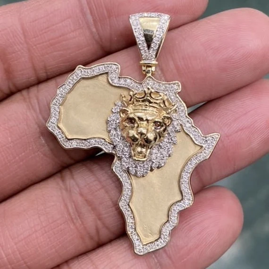 10K Yellow Gold Diamond Lion Head & Africa Map Outline Pendant 2" Charm 0.70 Ct, Jewelry, &