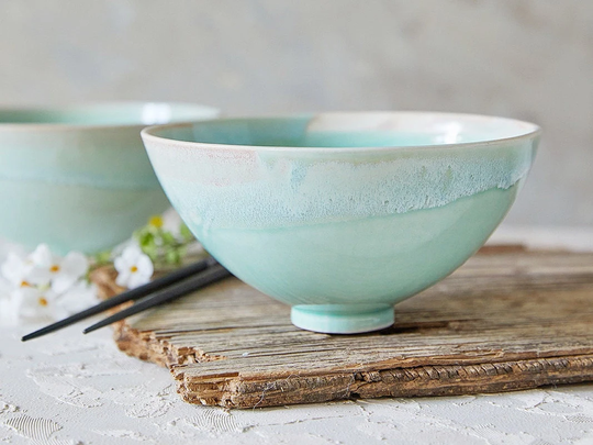 Ceramic Ramen Bowls Set, Light Turquoise Noodles Bowls, Pottery Soup Salad Serving Bowl, Modern Japanese Nesting New Home Gift