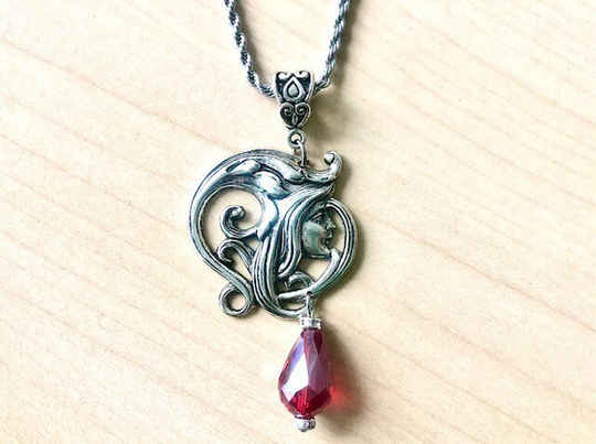Art Nouveau Goddess Pendant, Alfons Mucha Silver Style Necklace With Crystal Drop