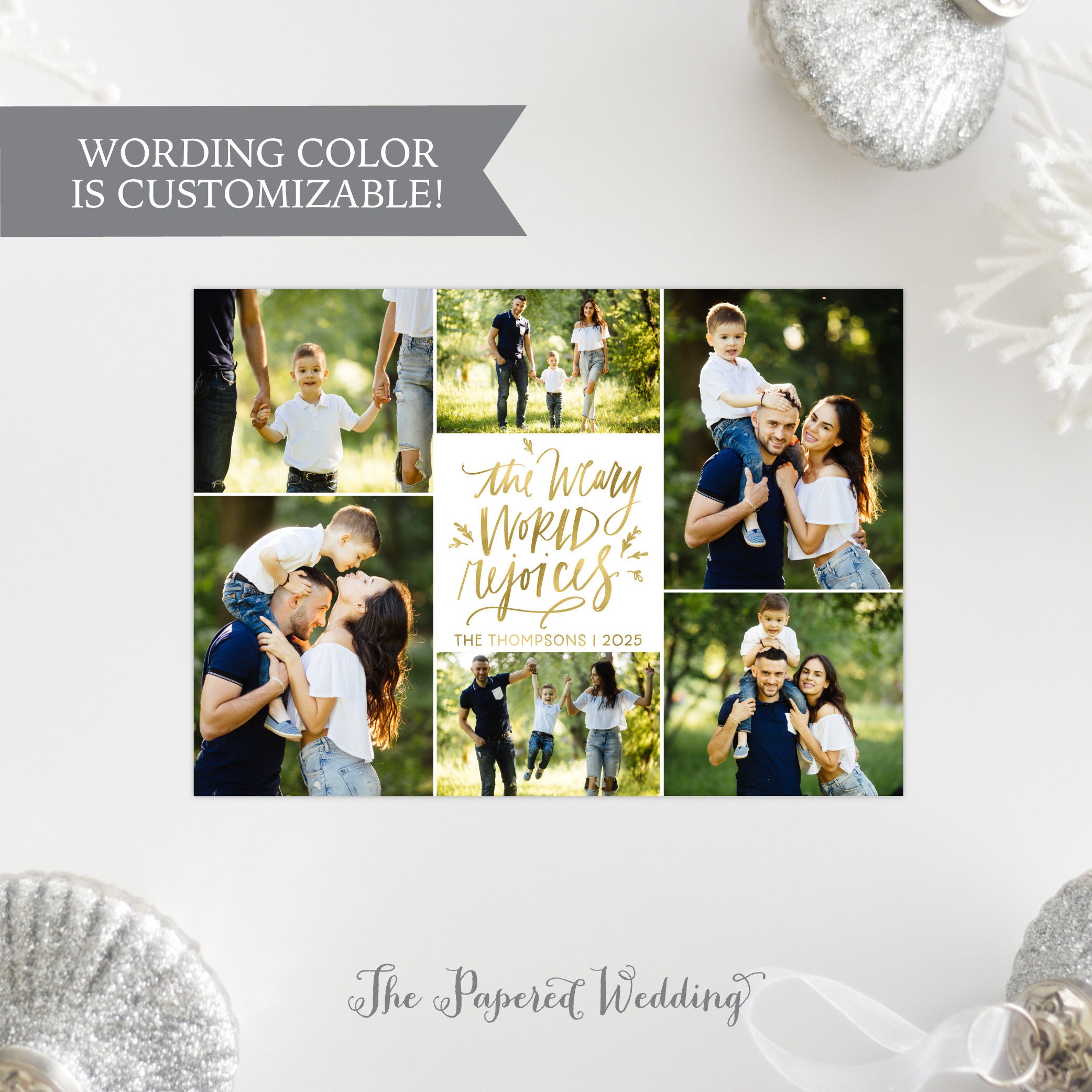 Printable Or Printed Picture Christmas Cards The Weary World Rejoices Custom Color - Photo Collage Card With Six Pictures 117 P4"