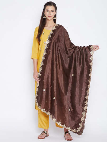 Women's Silk Blend Brown & White Embroidered Dupatta With Gotta Patti Free Shipping