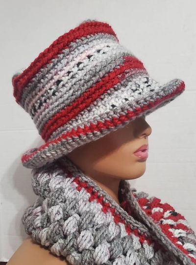 Maroon & Grey Blend Hat Scarf Crocheted - Crochet Neckwarmer