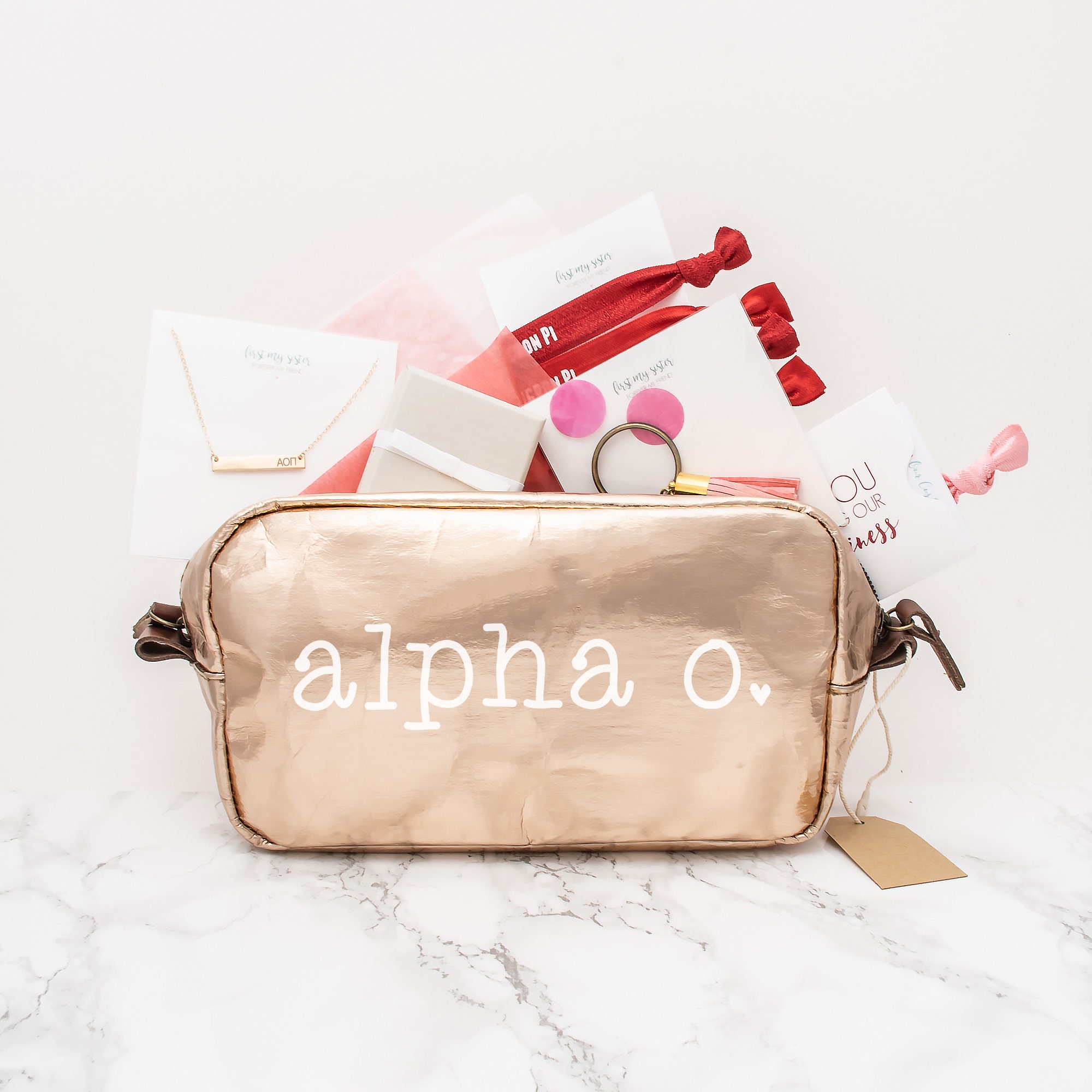 Alpha Omicron Gift Set, Aoii Sorority Gifts Bundle, Greek Pack With Pi Bag, Bar Necklace, Rings, Hair Ties & Keychain