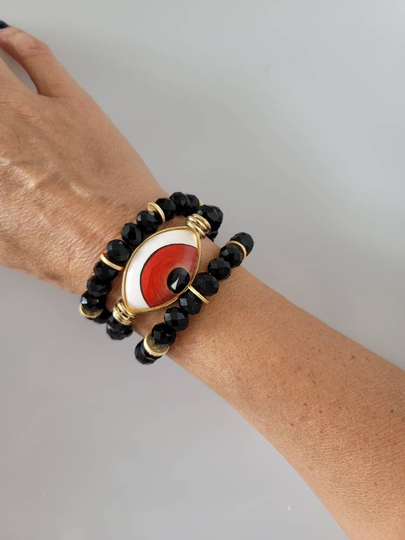 Black & Gold Evil Eye Bracelet Stack. 3 Together, Ceramic Handmade Sets Christmas Gift One Of A Kind For Her