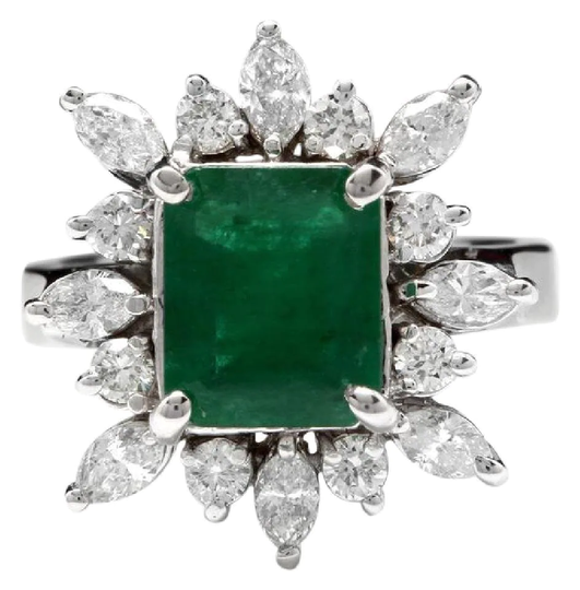 4.06Ct Natural Emerald & Diamond 14K Solid White Gold Ring