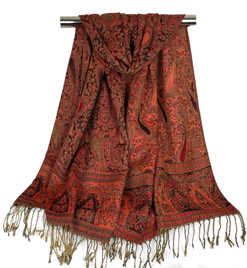 Black & Orange Paisley Pashmina Scarves For Women | Warm Shawl Jacquard Festival Rave Silky Long Stole Wrap