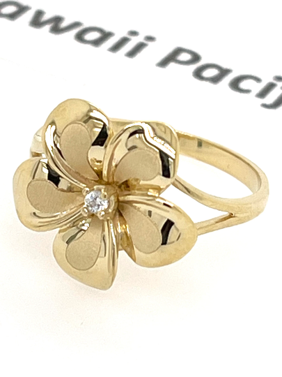 14 Karat Solid Yellow Gold Hawaiian 16mm Plumeria Flower With Cubic Zirconia Ring Sandblast A High Polished Edge