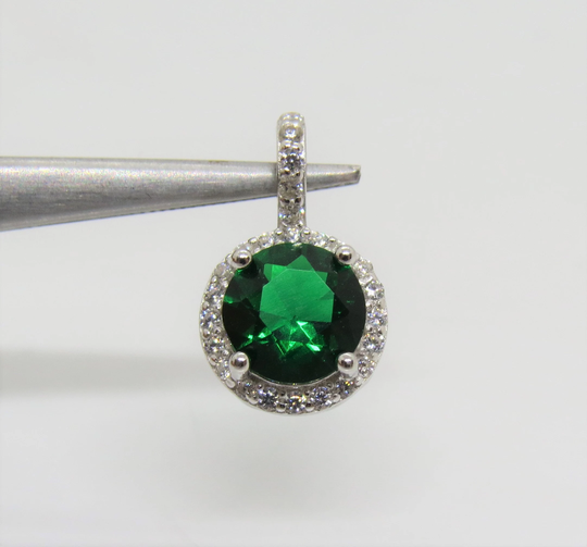 Vintage Sterling Silver Round Cut Emerald & White Topaz Pendant