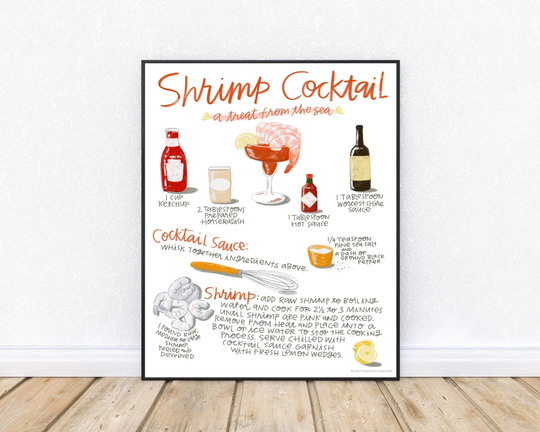 Shrimp Cocktail Illustrated Recipe Wall Art, Foodies Gift, Seafood Kitchen Decor, Summer Entertainment, Beach House Hostess Gift
