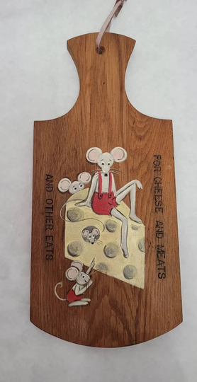 Vintage Hand Painted Wooden Cheese Charcuterie Board Mouse 80S Home Decor Kitchen