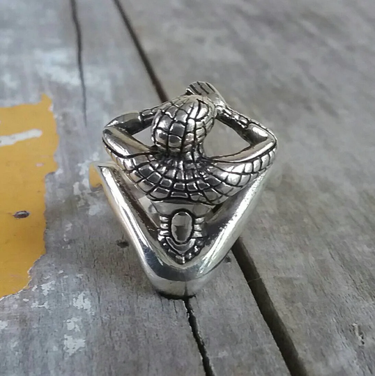 Spiderman Ring, Solid Sterling, Silver, Superheroes, Comic Hero, Vintage, Pinkie Ring