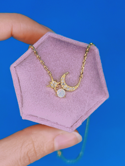 Cluster Opal Moon Necklace/Sterling Silver 14K Gold Celestial Crystal Star Dainty Tiny Jewelry Minimalist Gift For Her Him Friend