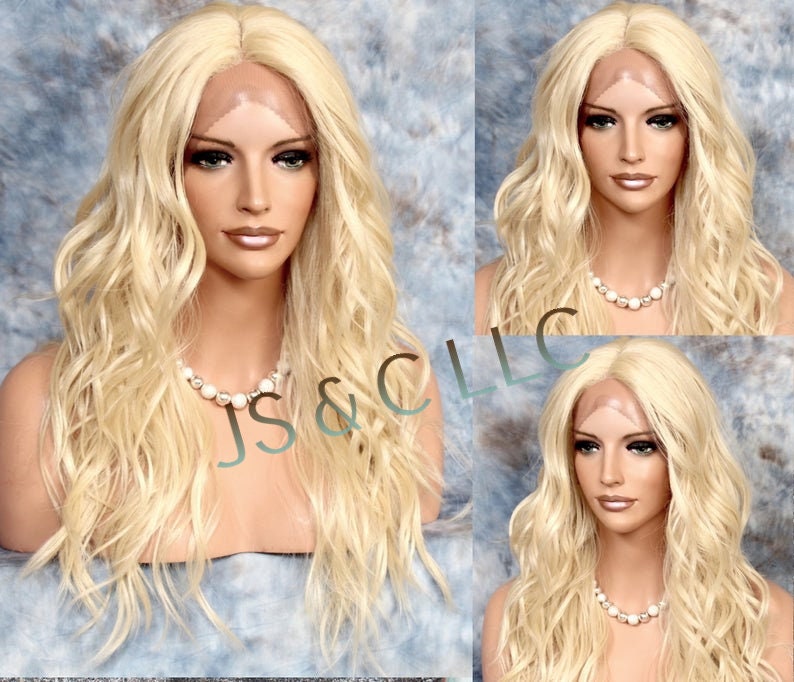 Pale Blonde Human Hair Blend Wig Natural Relaxed Beachy Wavy Hand Tied Mono Center Part Heat Ok Cancer/Alopecia/Cosplay