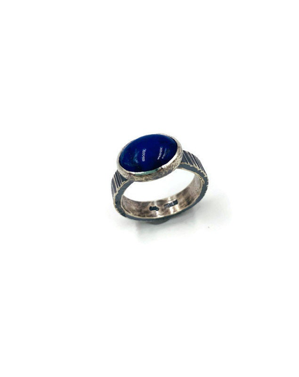 sterling Silver Hammered Lines Ring With Lapis Lazuli. Size 9 1/4. Ooak