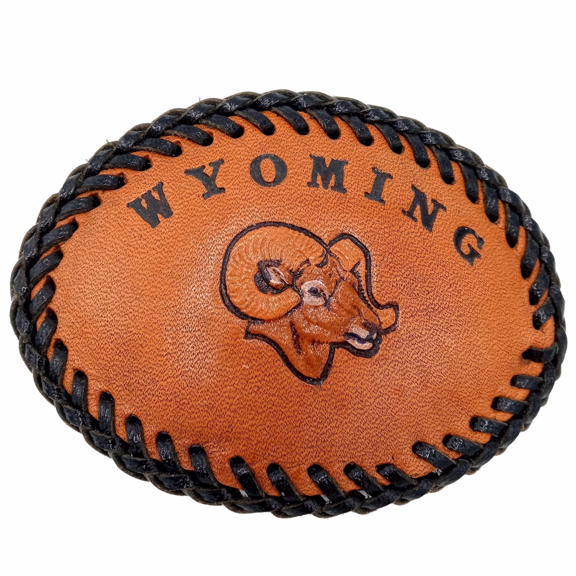 Wyoming Belt Buckle Bighorn Sheep Ram Brown Leather Vintage Handcrafted Western