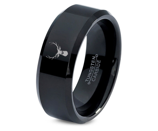 Wild Animal Deer Ring | Stag Buck Face Head Male Black Wedding Bands Tungsten Engraved Anniversary Gifts For Husband