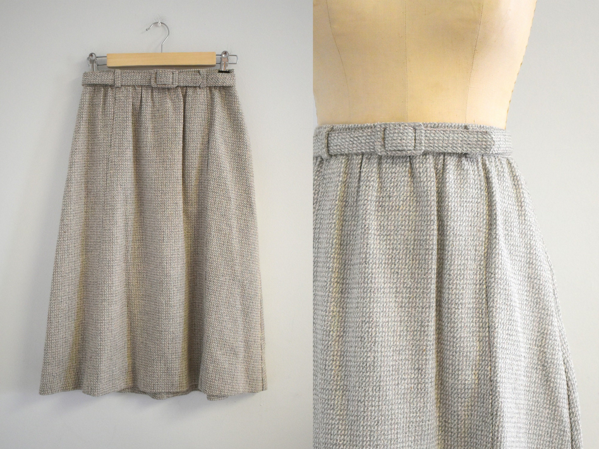 1980S Eva Beige Silk Blend Tweed Midi Skirt
