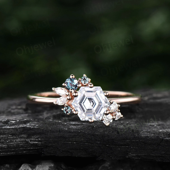 Hexagon Cut Moissanite Ring Gold Silver Vintage Unique Engagement Cluster Alexandrite Art Deco Diamond Wedding For Women