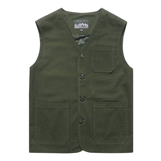 Men's Tooling Vest Simple V-neck Cotton Blended Khaki Solid Single Breasted For Daily Casual Outdoor Male Vest - army green, xxl