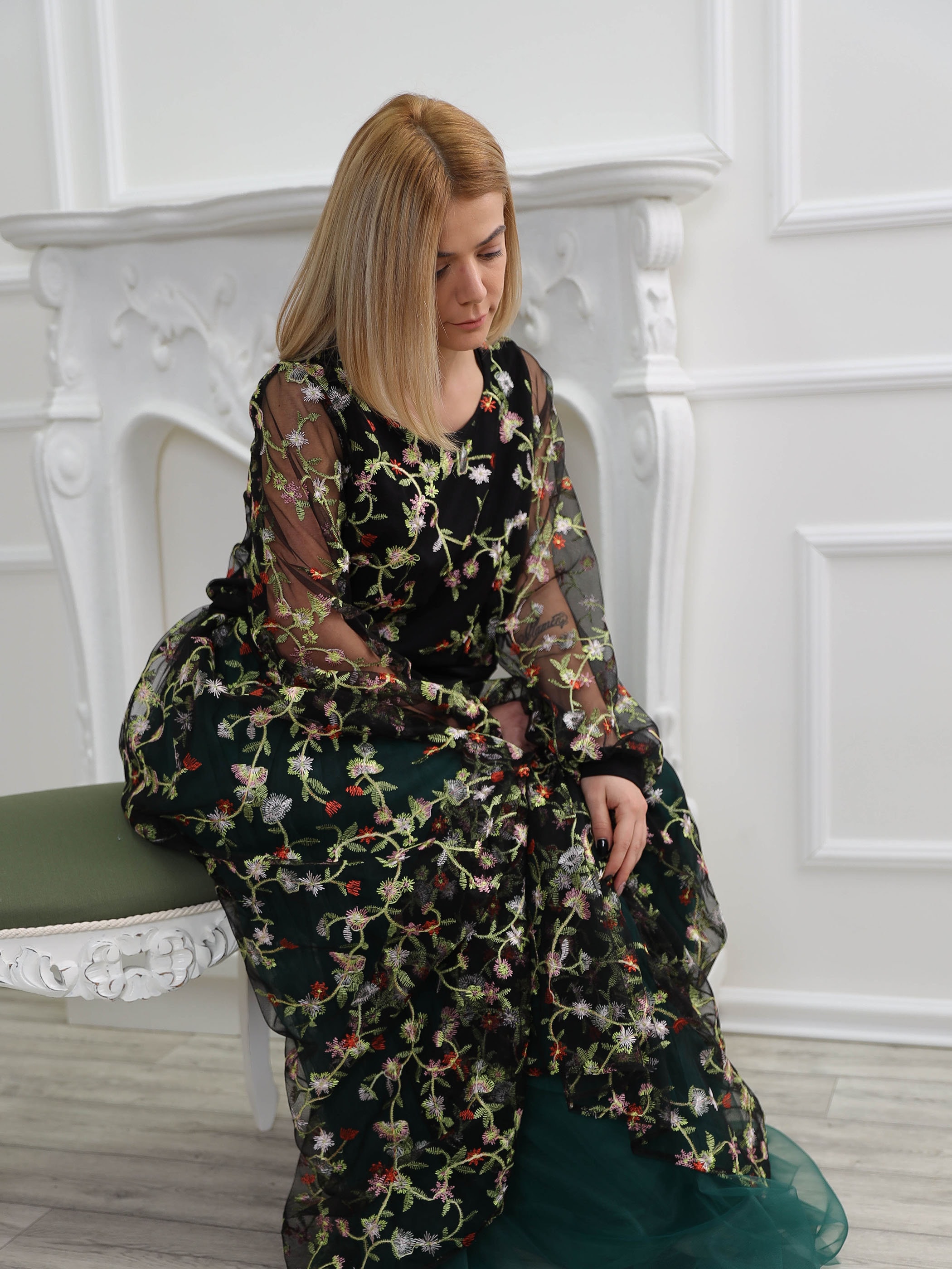 Black Flower Wedding Set, Floral Bridesmaid Skirt & Top, Plus Size Tulle High Waisted Maxi , Boho Dress