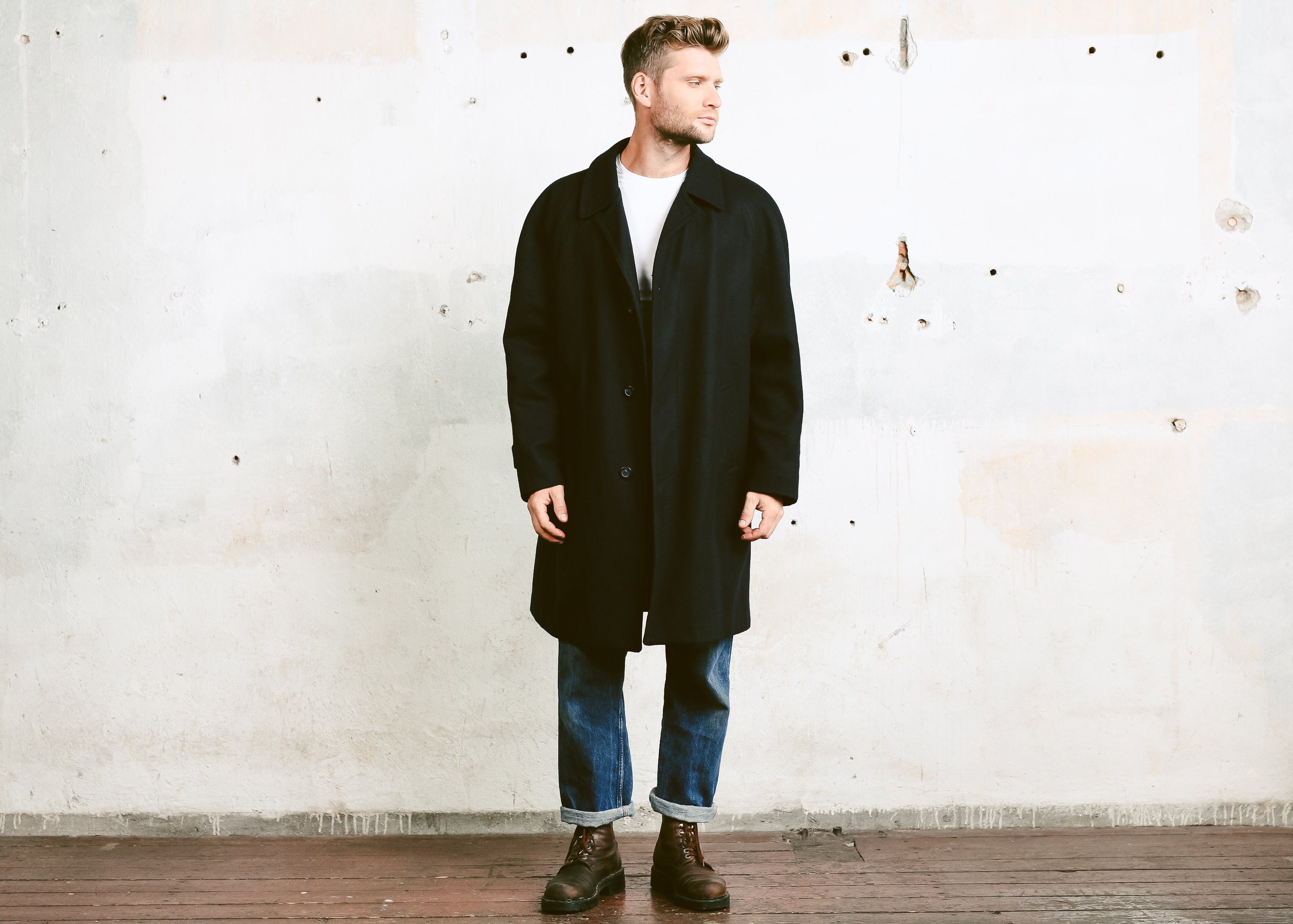 Navy Blue Wool Blend Coat . Vintage 90S Oversized Men Jacket Men's Long 80S Outerwear Size Xxl