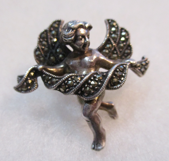 Vintage Sterling Silver Cherub/Angel Brooch Pin with Marcasite Banner, Signed "Judith Jack" Made in Thailand, 34mm By 34mm, 1 Piece