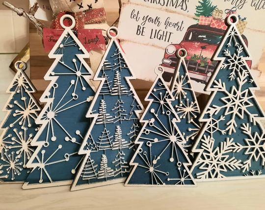 Christmas Tree Ornaments | Set Of 5| Hand Painted Rustic Farmhouse Wood Hanging Ornaments| Homemade Holiday Hanukkah Kwanzaa Decor
