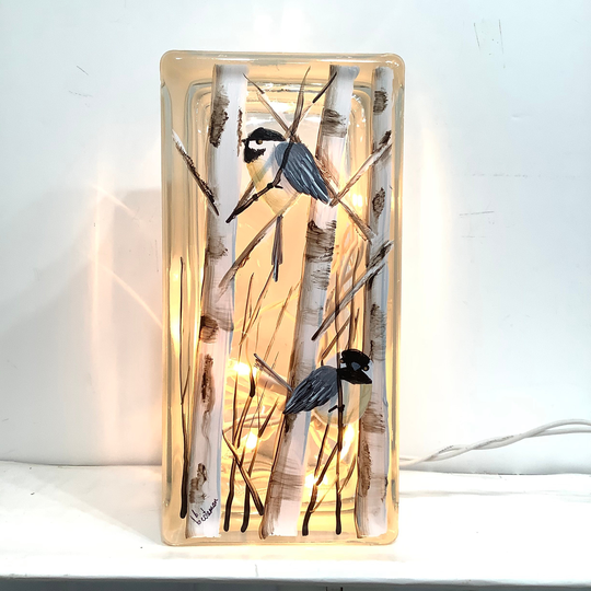 Glass Block Small Chickadee Birch Tree