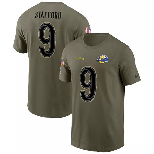 Men's Nike Matthew Stafford Olive Los Angeles Rams 2022 Salute To Service Name & Number T-Shirt, Size: Small, Multicolor