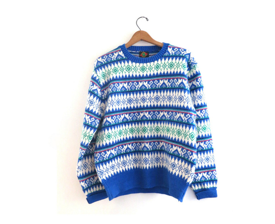 Iredell County Ski Sweater Wool Blend Boyfriend Vintage 1990S Pullover Blue & White Snowflake Size Large