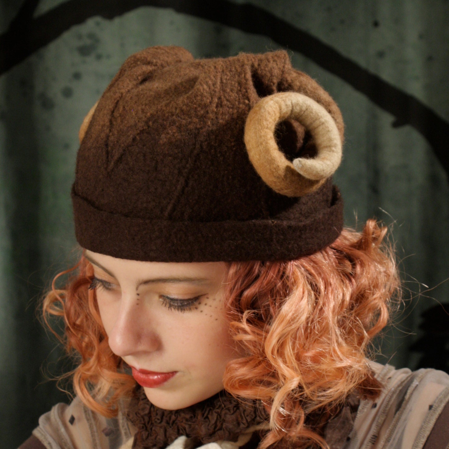 Brown Rams Horn Cap - Hand Felted Merino Wool Hat