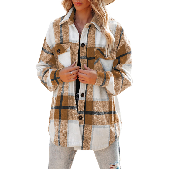 Womens Casual Plaid Shacket Wool Blend Button Down Long Sleeve Shirt Fall Jacket Shackets - Khaki, L - large beige